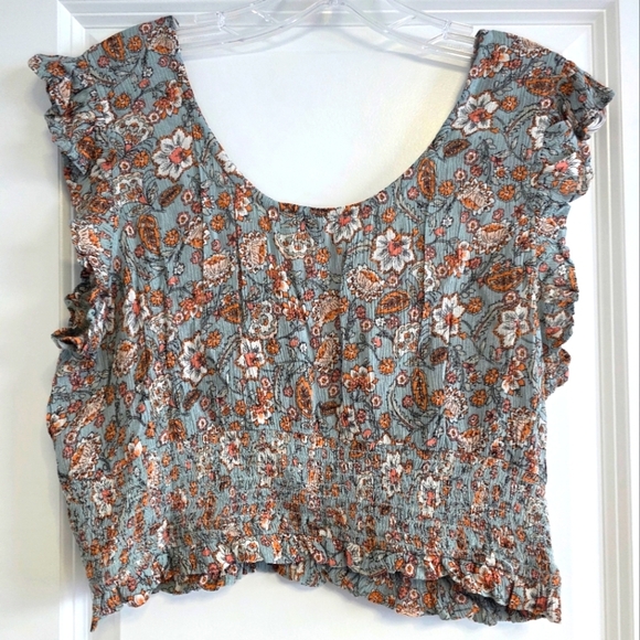 Patrons of Peace Floral Ruffle Sleeves Crop Top With Smocking  Size Large - Picture 2 of 4